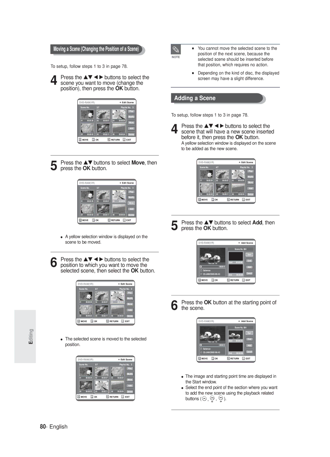 Samsung DVD-R125P, DVD-R125/XEF manual Adding a Scene, Press the OK button at the starting point of the scene 