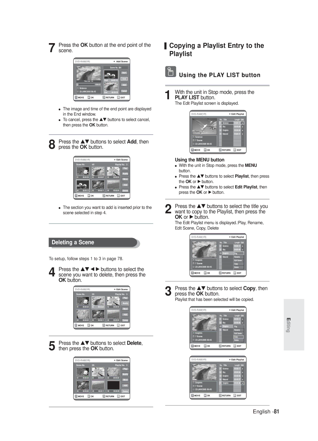 Samsung DVD-R125/XEF, DVD-R125P manual Copying a Playlist Entry to the Playlist, Deleting a Scene 