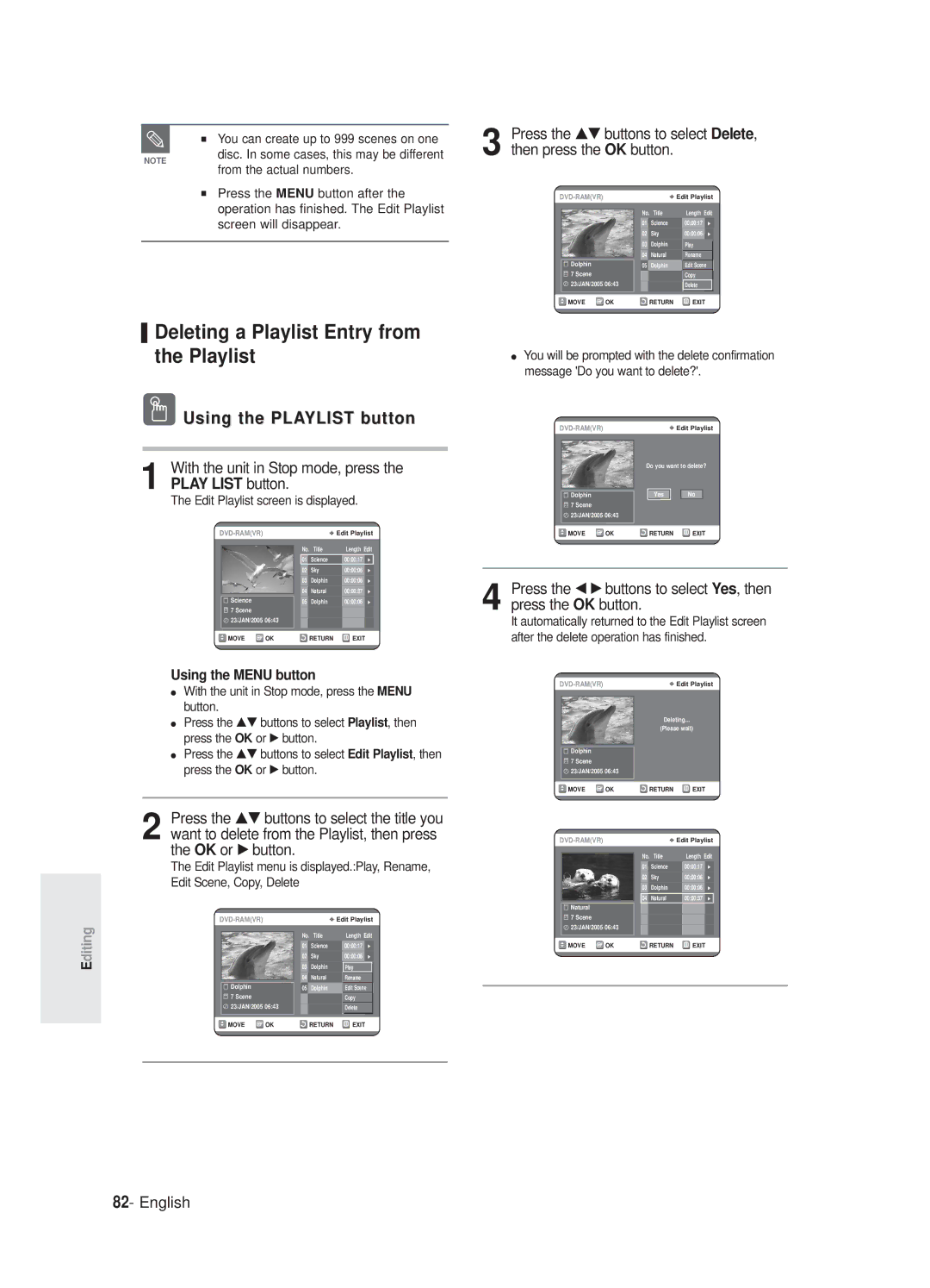 Samsung DVD-R125P, DVD-R125/XEF manual Deleting a Playlist Entry from the Playlist, You can create up to 999 scenes on one 