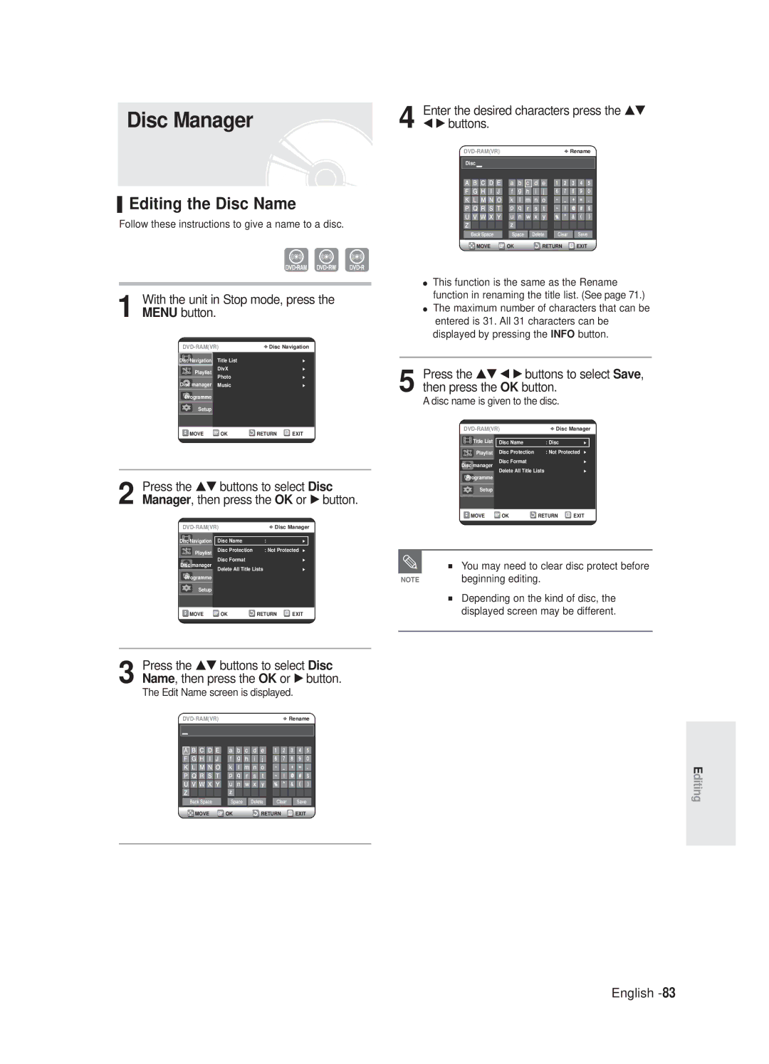 Samsung DVD-R125/XEF, DVD-R125P Disc Manager, Editing the Disc Name, Enter the desired characters press the …† √ buttons 