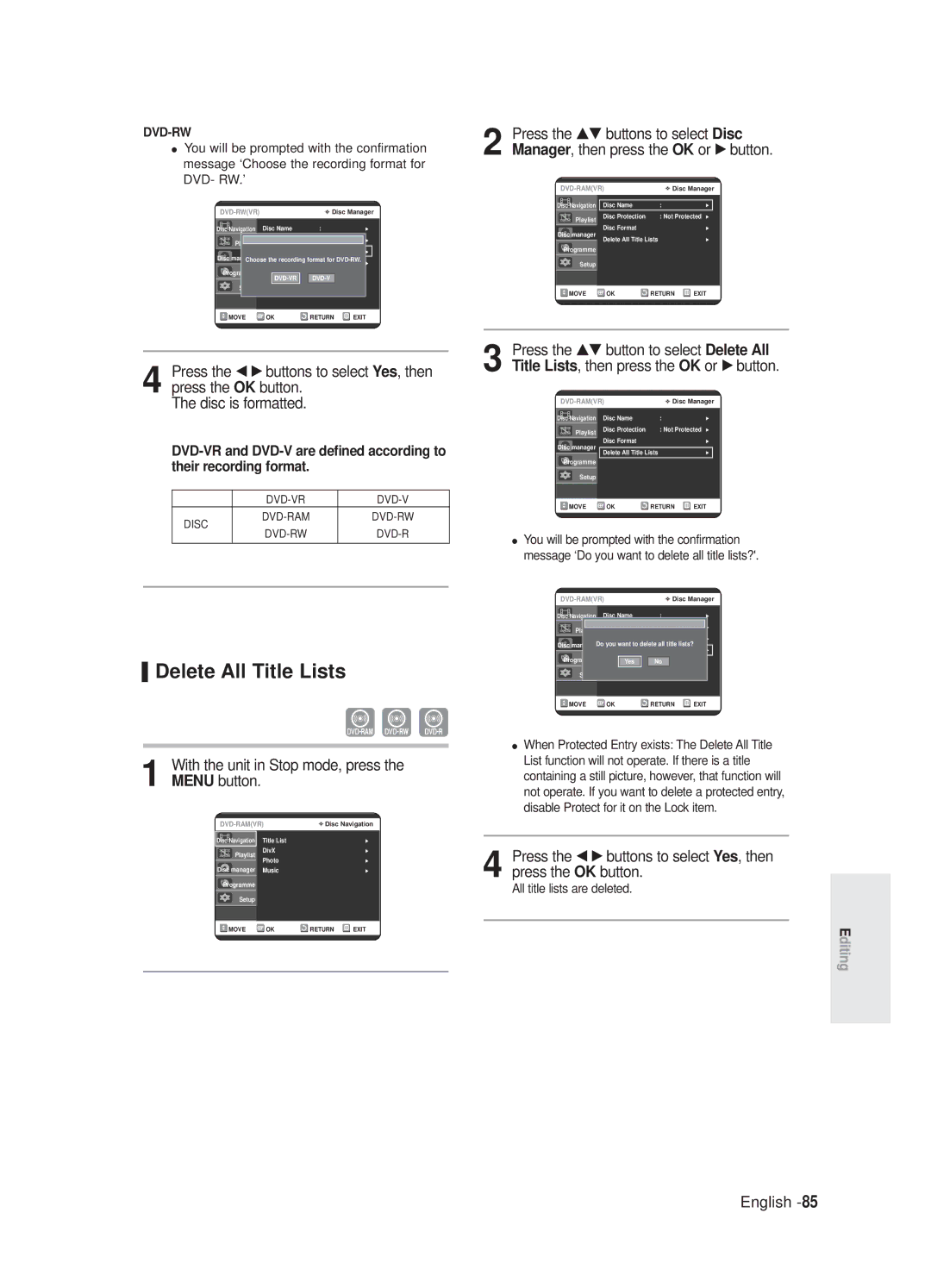 Samsung DVD-R125/XEF, DVD-R125P manual Delete All Title Lists, All title lists are deleted 