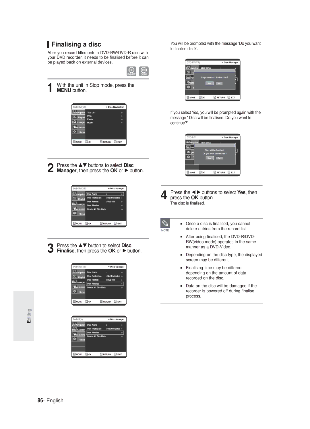 Samsung DVD-R125P, DVD-R125/XEF manual Finalising a disc, Disc is finalised 