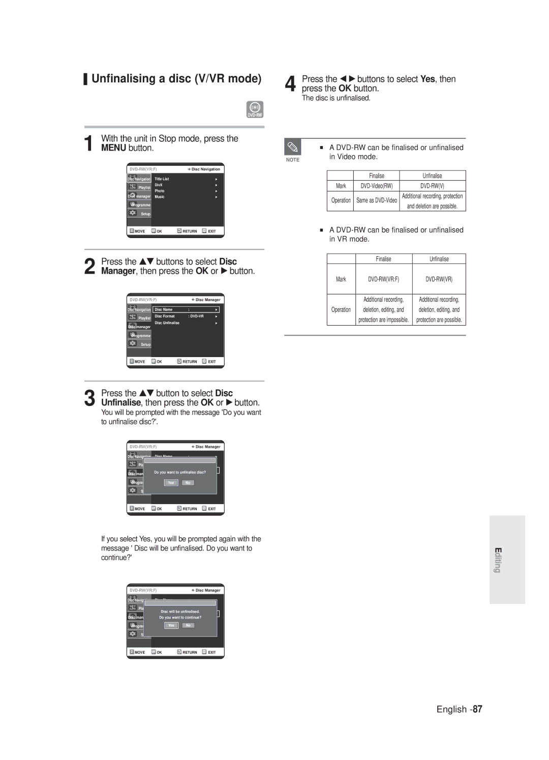 Samsung DVD-R125/XEF Unfinalising a disc V/VR mode, With the unit in Stop mode, press Menu button, Disc is unfinalised 