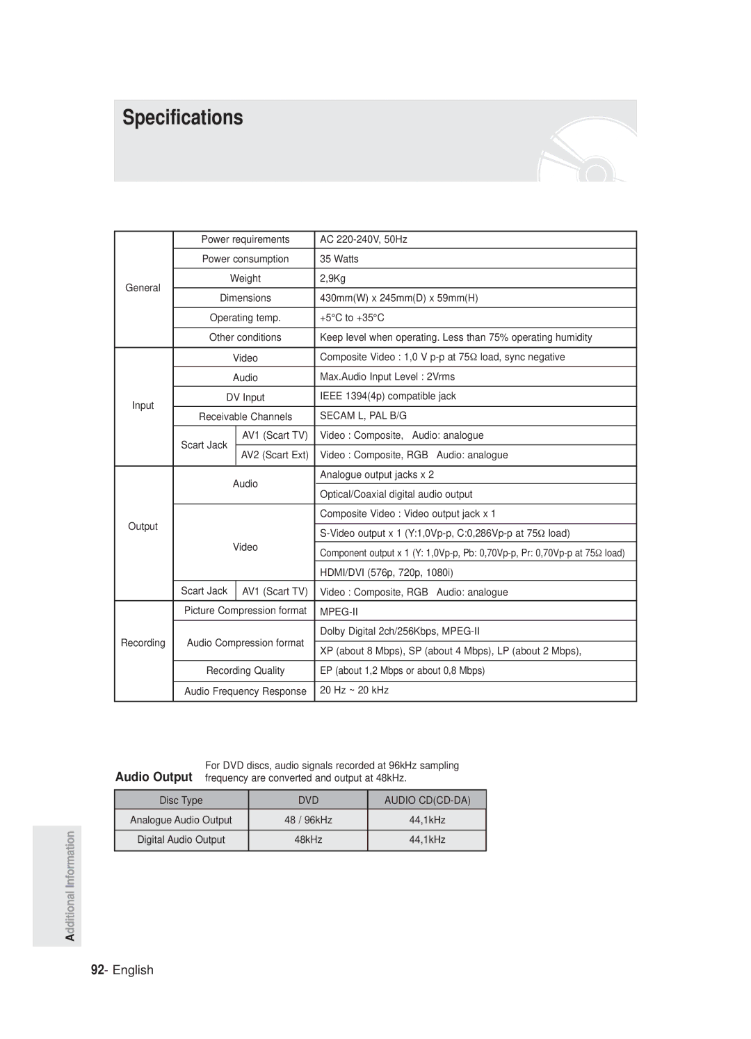 Samsung DVD-R125P, DVD-R125/XEF manual Specifications 