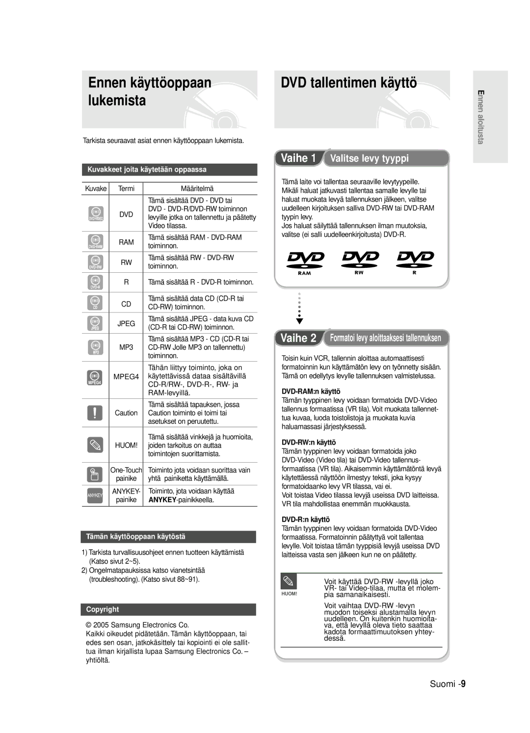 Samsung DVD-R125/XEE DVD tallentimen käyttö, Ennen käyttöoppaan lukemista, DVD-RAMn käyttö, DVD-RWn käyttö, DVD-Rn käyttö 