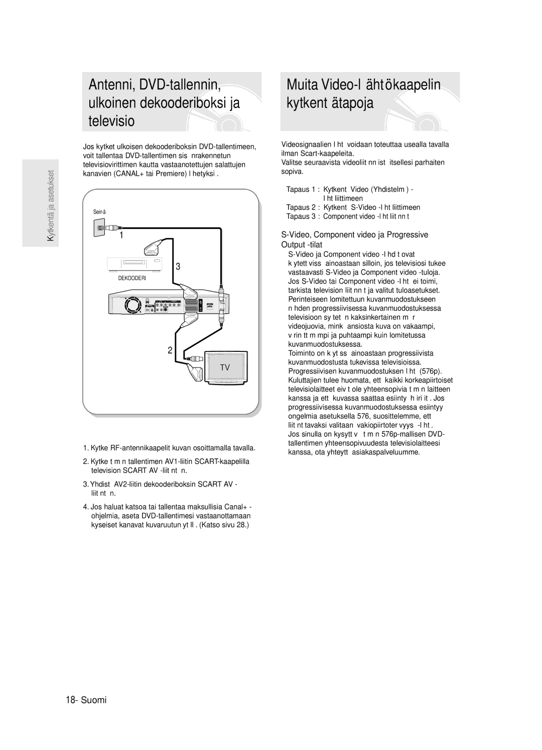 Samsung DVD-R125/XEE manual Muita Video-lähtö kaapelin kytkentätapoja, Video, Component video ja Progressive Output -tilat 