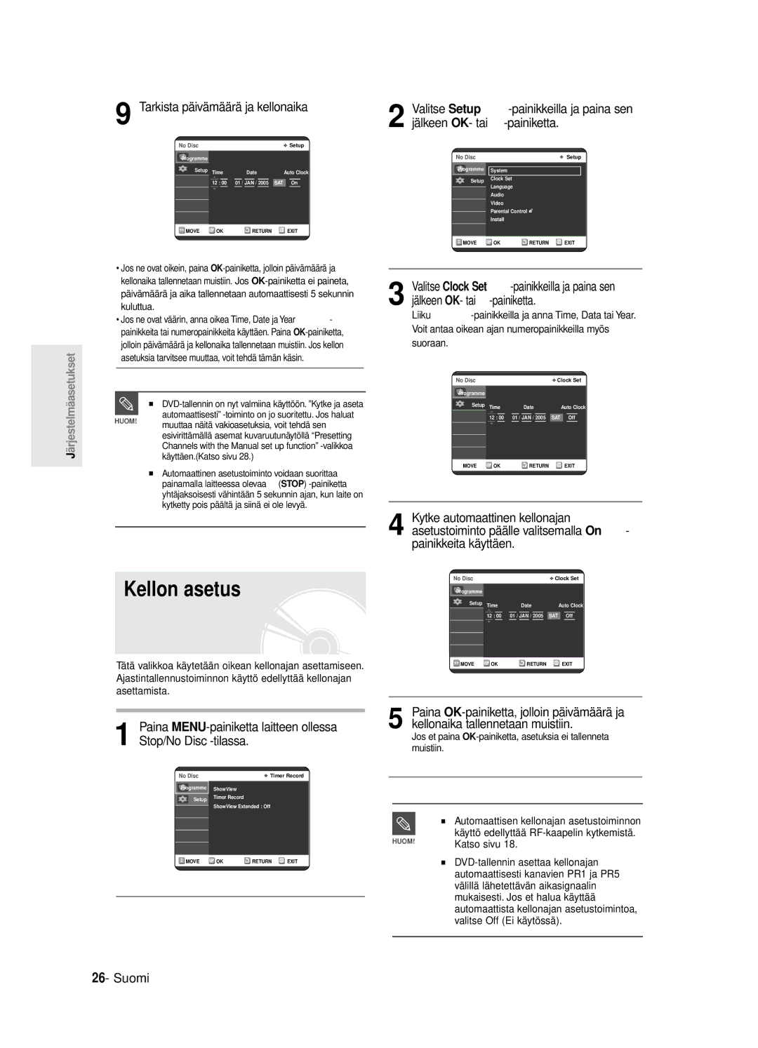 Samsung DVD-R125/XEE manual Kellon asetus, Tarkista päivämäärä ja kellonaika 