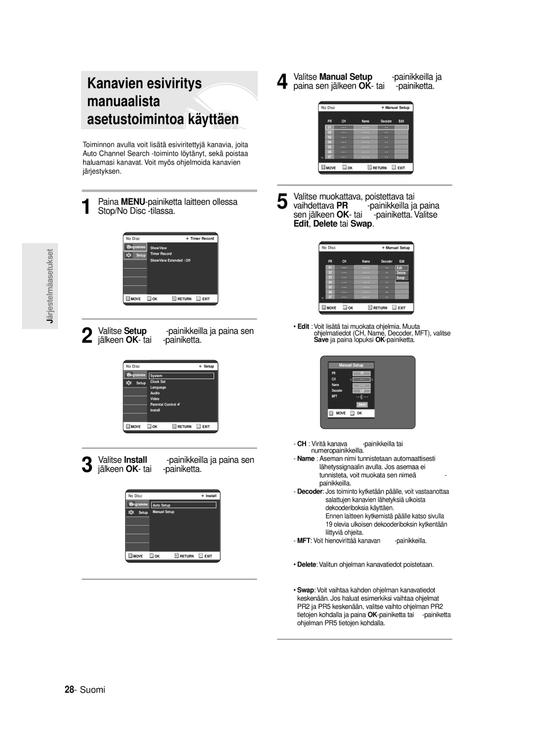 Samsung DVD-R125/XEE manual Kanavien esiviritys manuaalista asetustoimintoa käyttäen 