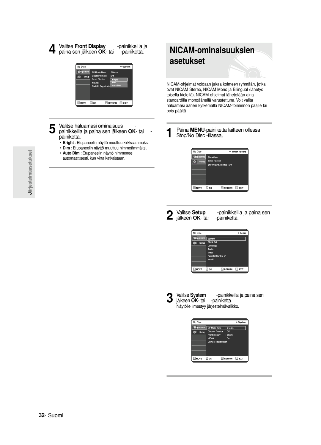 Samsung DVD-R125/XEE manual NICAM-ominaisuuksien asetukset 