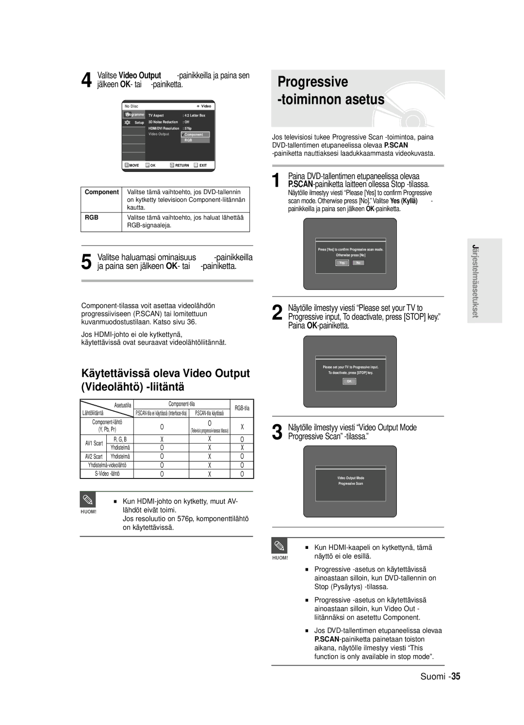 Samsung DVD-R125/XEE manual Progressive Toiminnon asetus, Käytettävissä oleva Video Output Videolä htö -liitä ntä 