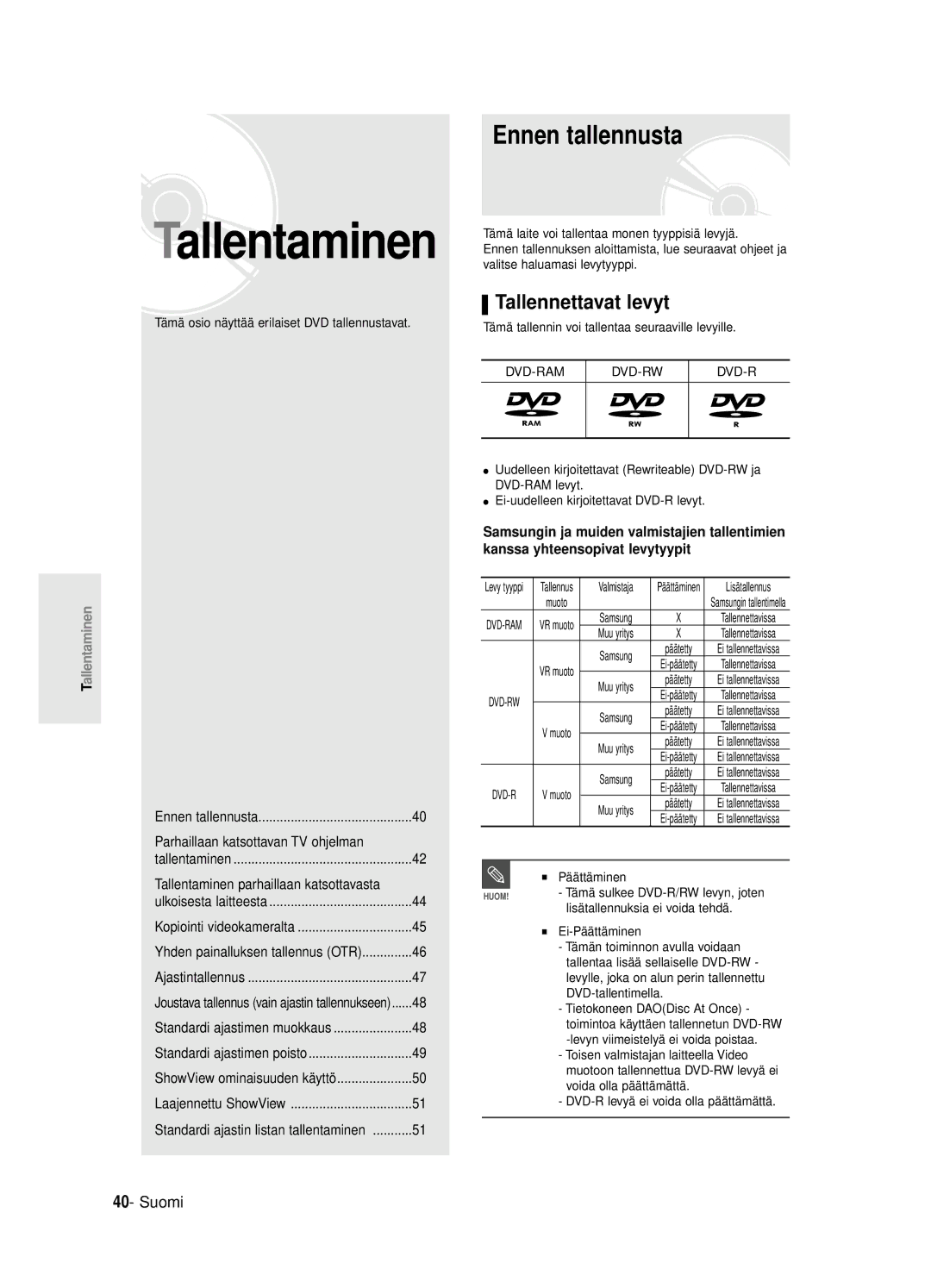 Samsung DVD-R125/XEE manual Ennen tallennusta, Tallennettavat levyt 