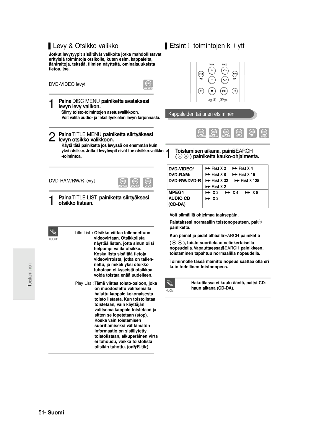 Samsung DVD-R125/XEE manual Levy & Otsikko valikko, Etsintä toimintojen käyttö, Kappaleiden tai urien etsiminen 