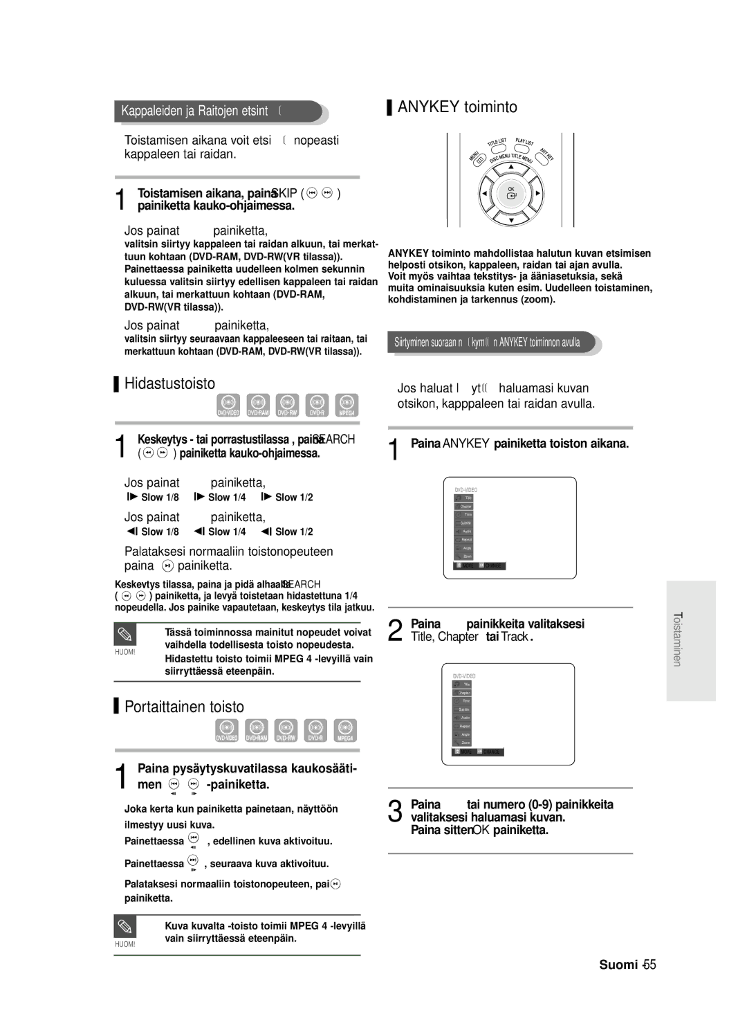 Samsung DVD-R125/XEE manual Hidastustoisto, Portaittainen toisto, Kappaleiden ja Raitojen etsintä 