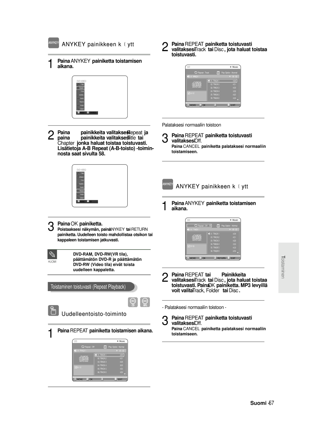 Samsung DVD-R125/XEE manual Anykey painikkeen käyttö, Uudelleentoisto-toiminto 