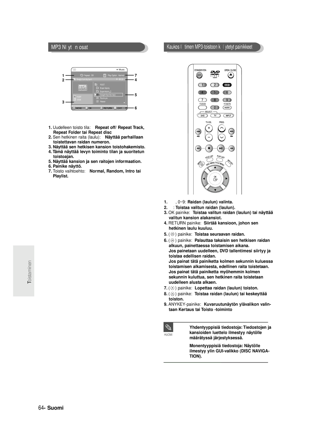 Samsung DVD-R125/XEE manual MP3 Näytö n osat, Kaukosää timen MP3-toistoon käytetyt painikkeet 