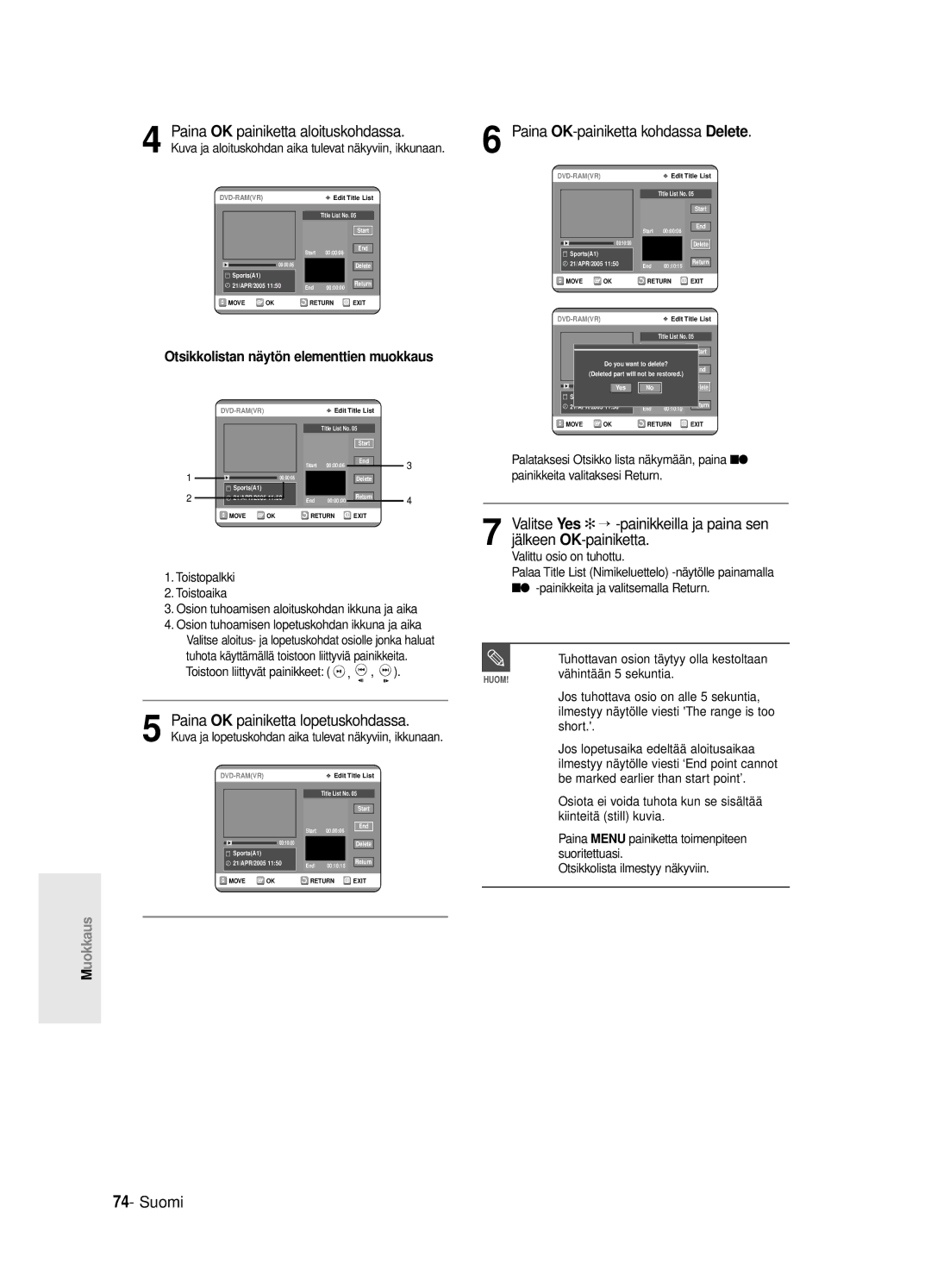 Samsung DVD-R125/XEE manual Paina OK-painiketta kohdassa Delete, Otsikkolistan näytön elementtien muokkaus 