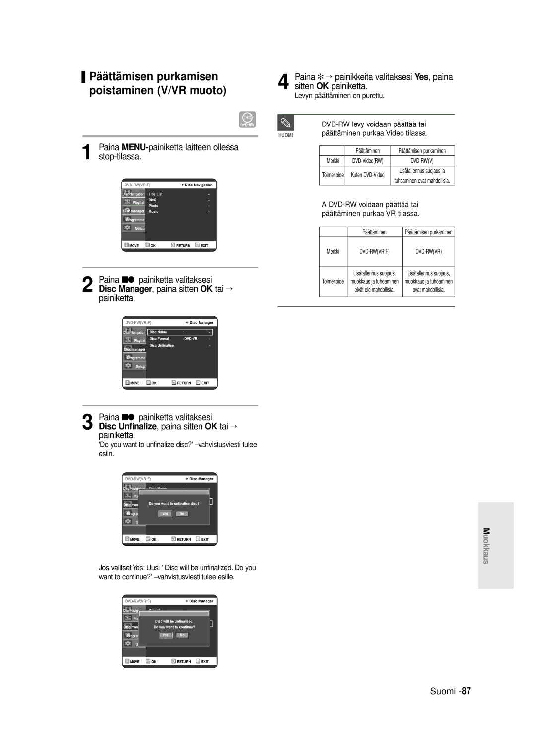 Samsung DVD-R125/XEE manual Päättämisen purkamisen poistaminen V/VR muoto 