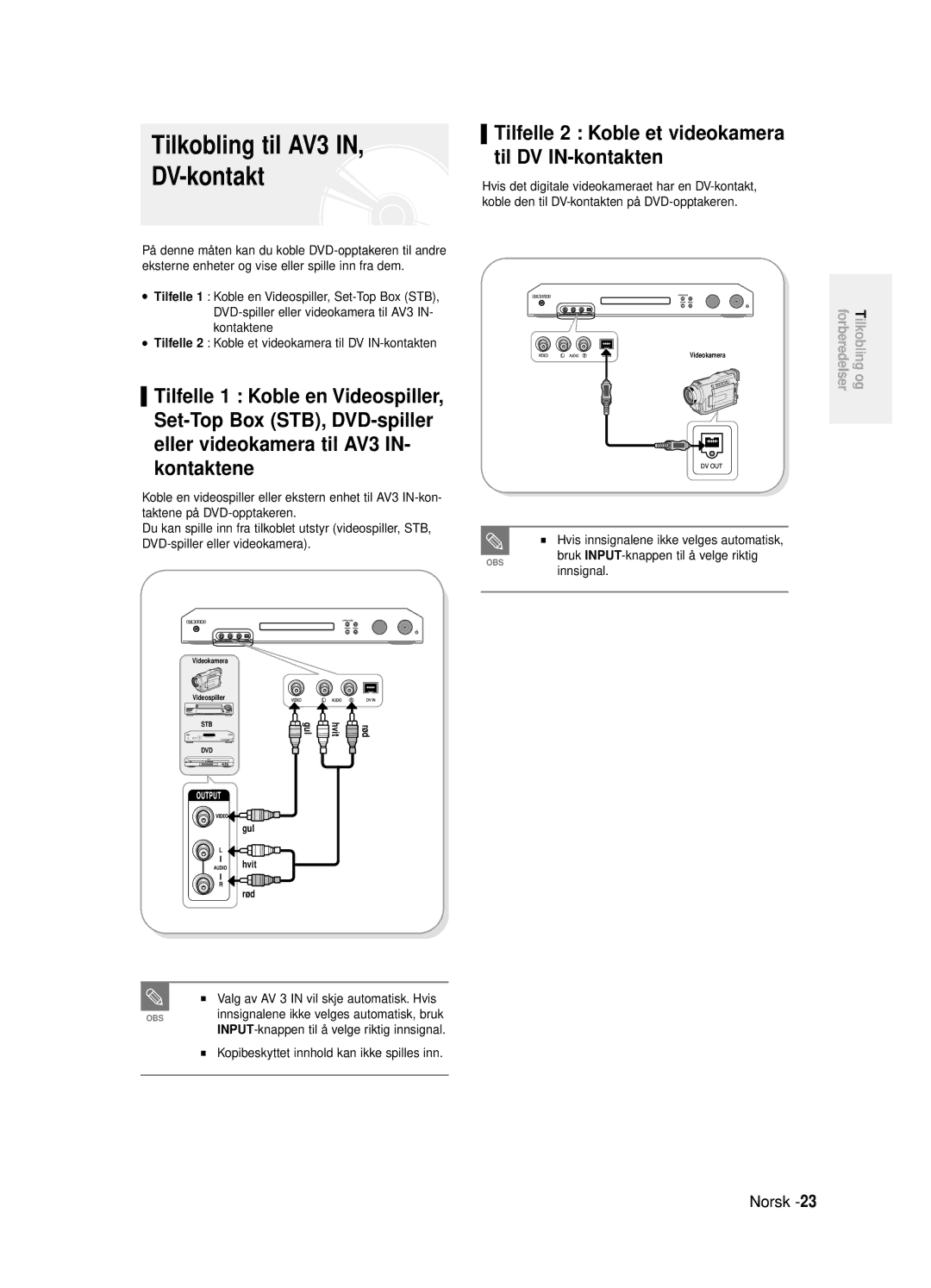 Samsung DVD-R125/XEE manual Tilkobling til AV3 DV-kontakt, Tilfelle 2 Koble et videokamera til DV IN-kontakten 