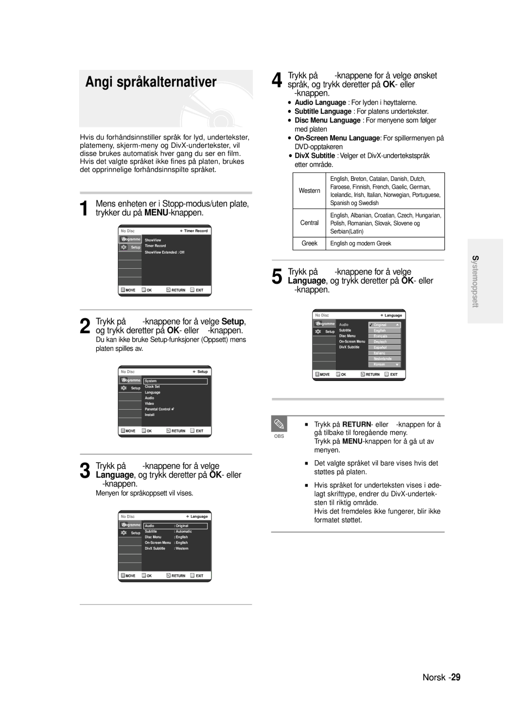 Samsung DVD-R125/XEE manual Angi språkalternativer, Menyen for språkoppsett vil vises 