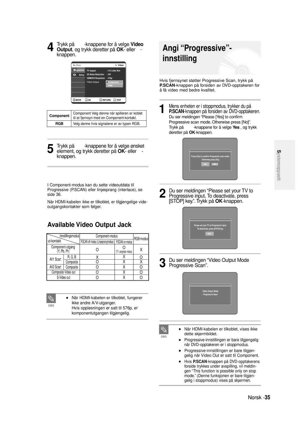 Samsung DVD-R125/XEE manual Angi Progressive- innstilling, Available Video Output Jack, Component-modus 