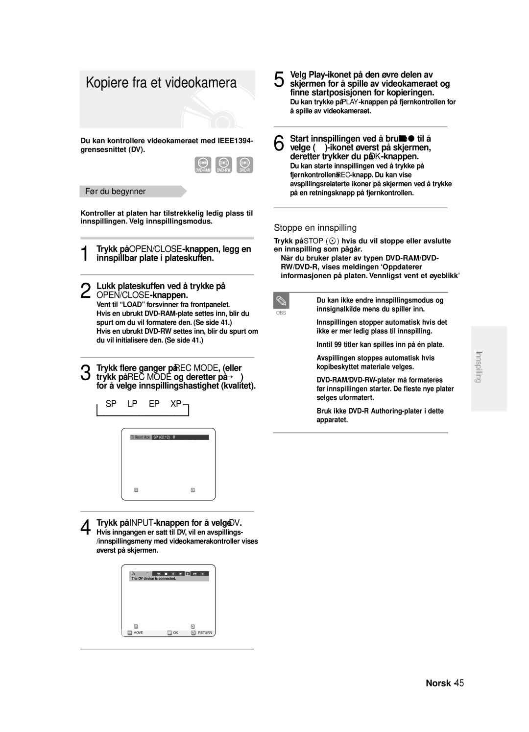 Samsung DVD-R125/XEE manual Kopiere fra et videokamera 