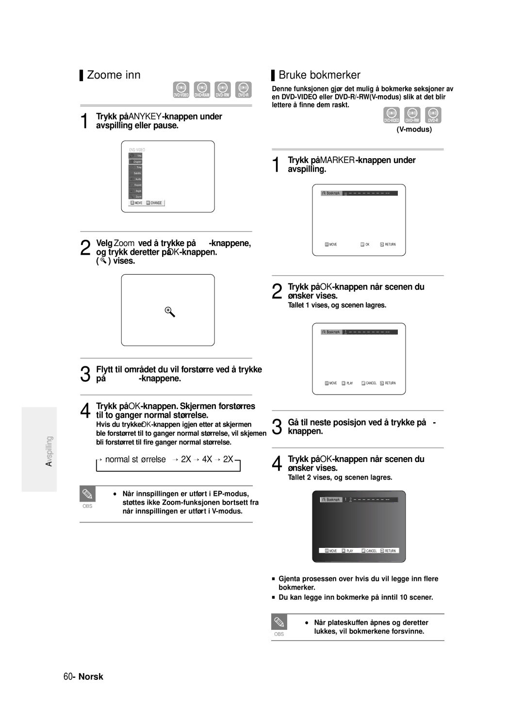 Samsung DVD-R125/XEE manual Zoome inn, Bruke bokmerker, Normal størrelse 2X 4X 