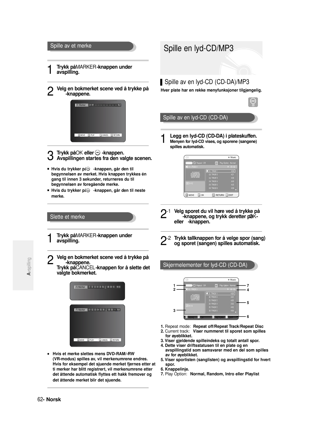 Samsung DVD-R125/XEE manual Spille en lyd-CD/MP3, Spille av en lyd-CD CD-DA/MP3 