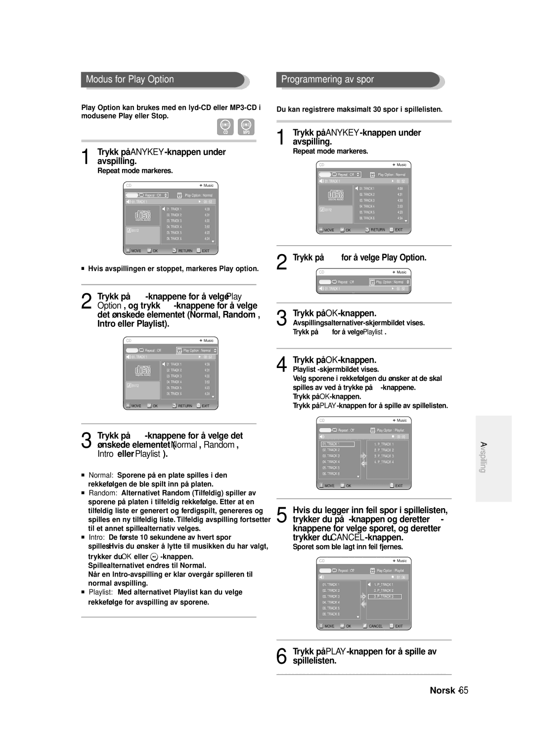 Samsung DVD-R125/XEE manual Modus for Play Option, Programmering av spor 