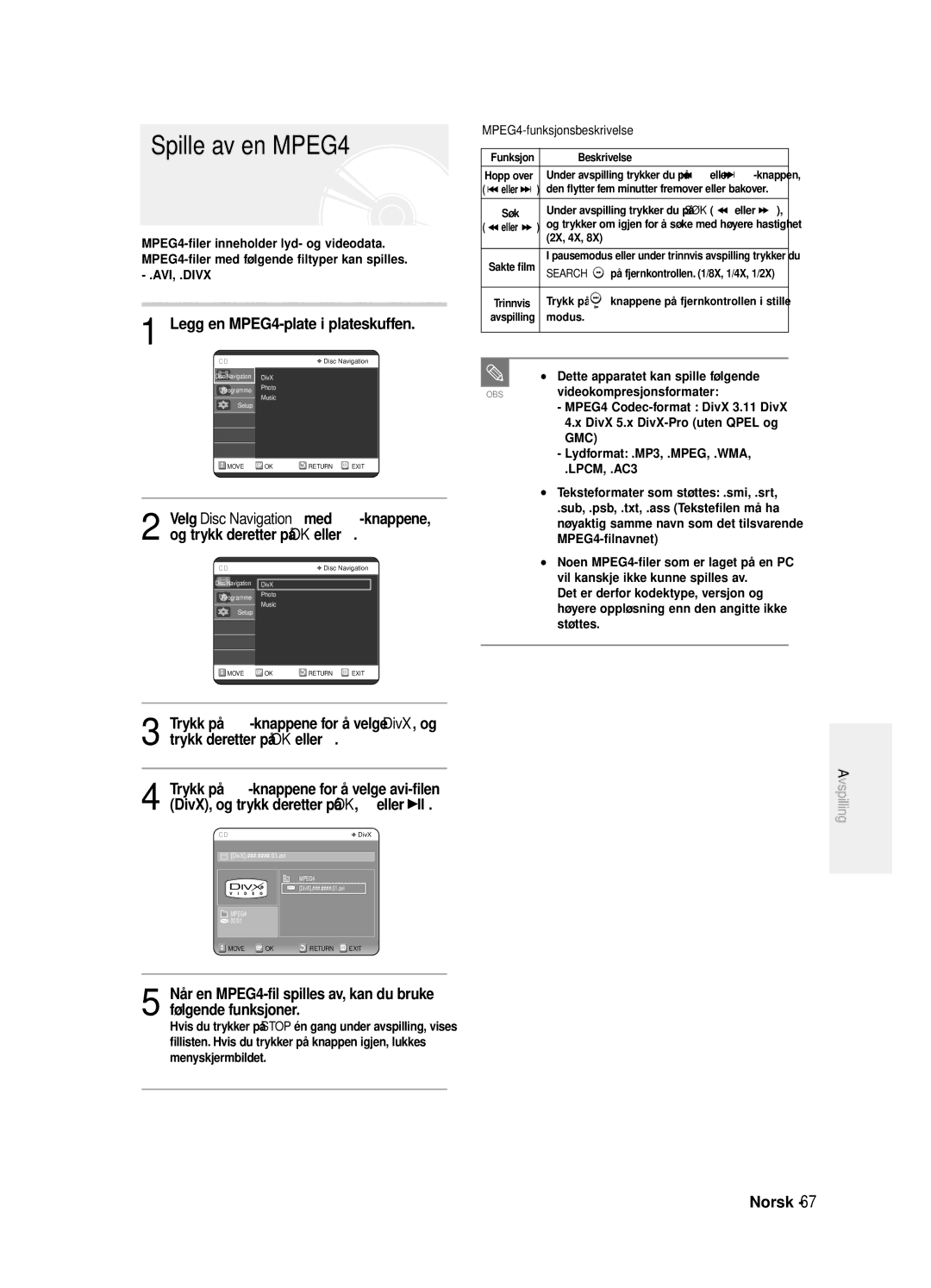 Samsung DVD-R125/XEE manual Spille av en MPEG4, Legg en MPEG4-plate i plateskuffen, MPEG4-funksjonsbeskrivelse 