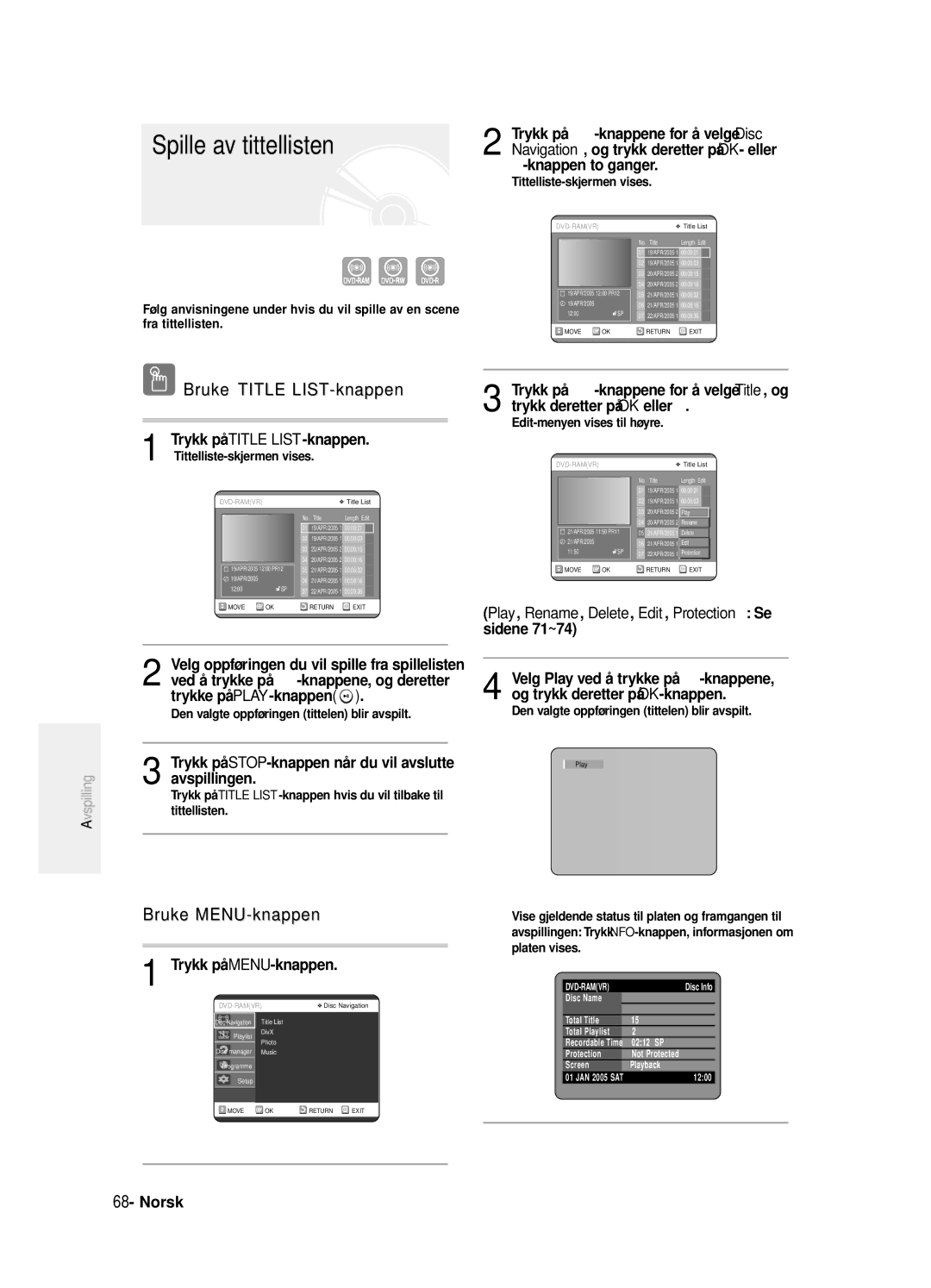 Samsung DVD-R125/XEE manual Spille av tittellisten, Bruke Title LIST-knappen, Bruke MENU-knappen 