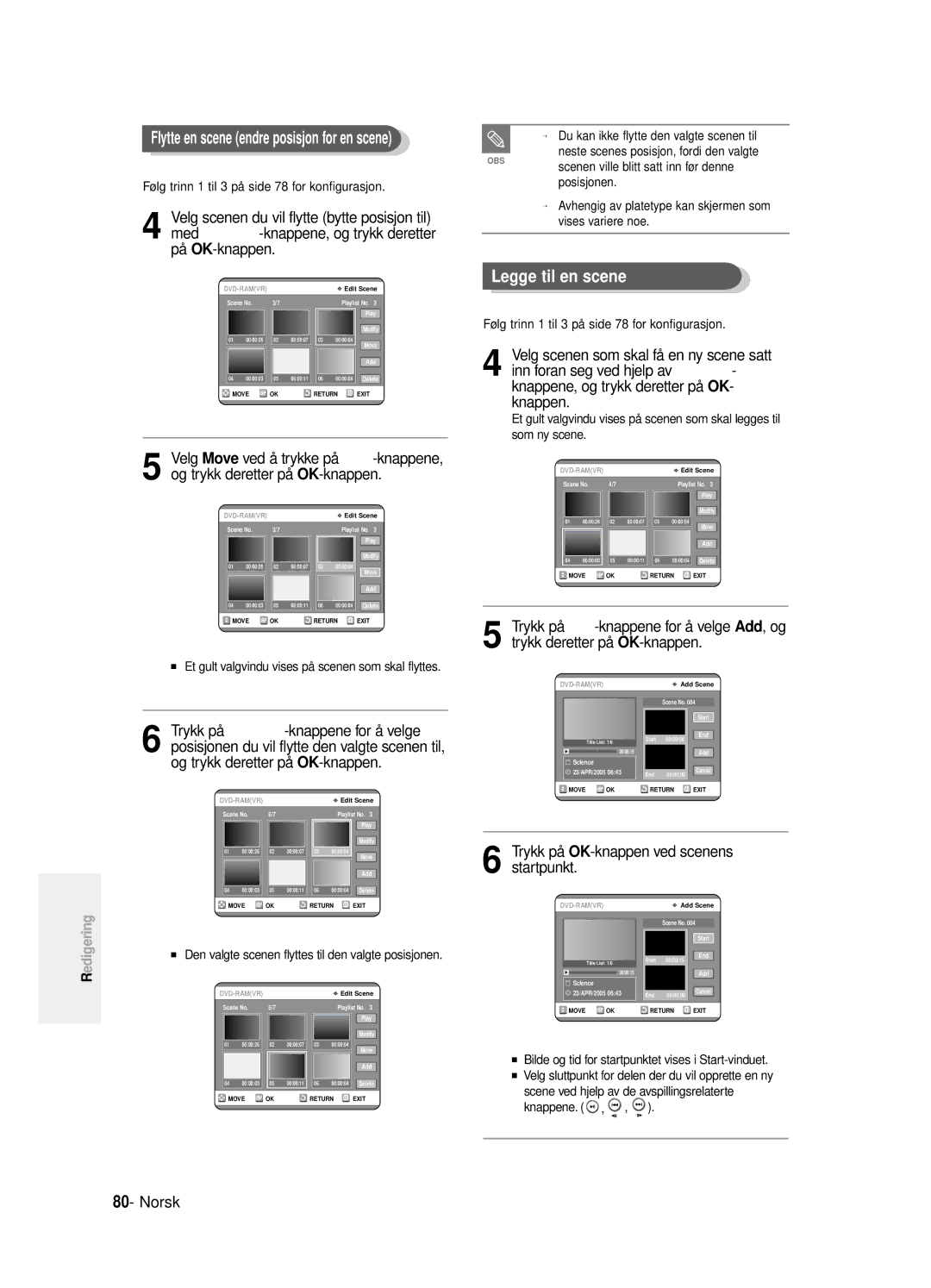 Samsung DVD-R125/XEE manual Legge til en scene, Trykk på OK-knappen ved scenens startpunkt 