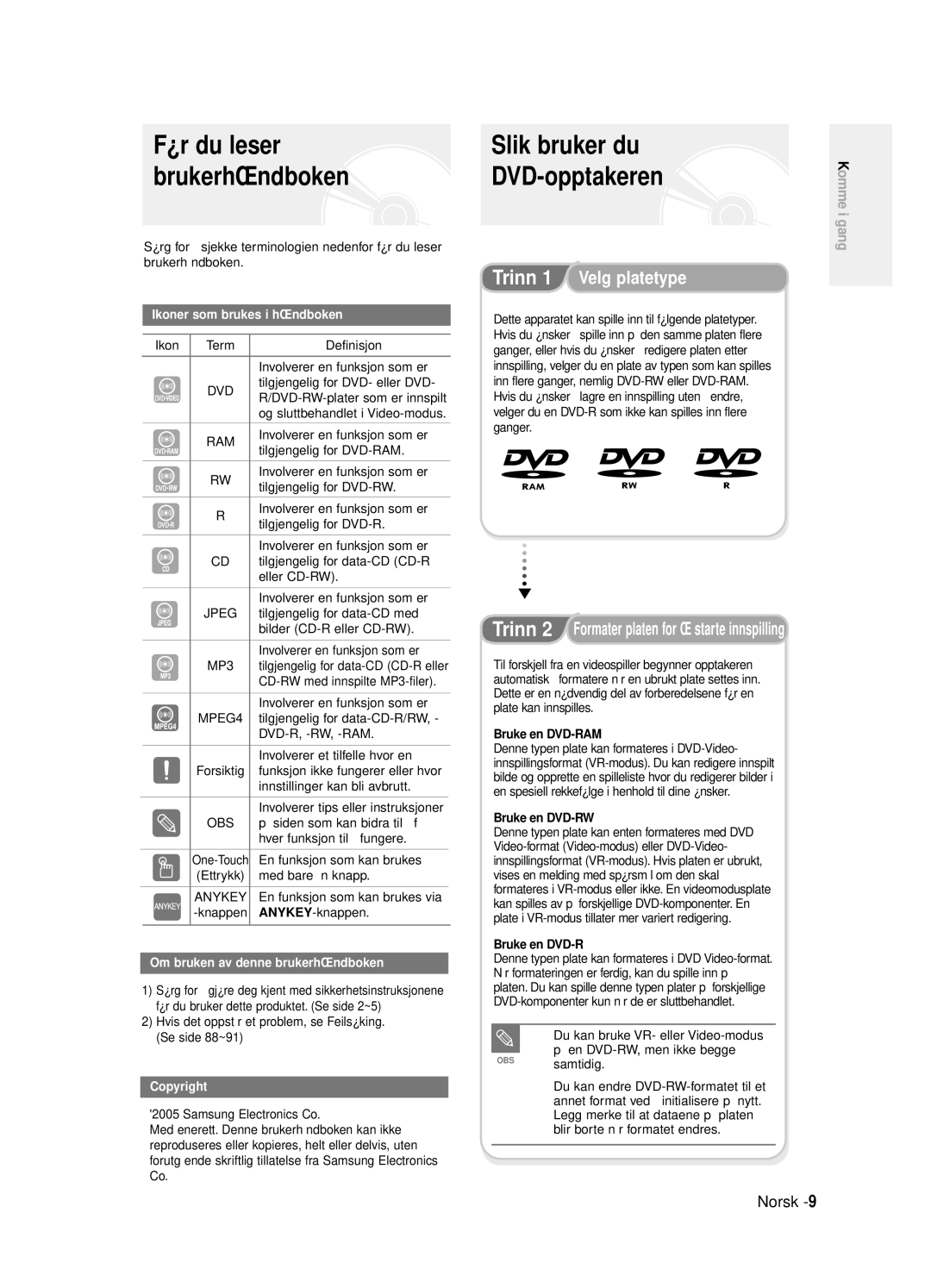 Samsung DVD-R125/XEE manual Før du leser Slik bruker du Brukerhåndboken, DVD-opptakeren, Bruke en DVD-RAM, Bruke en DVD-RW 