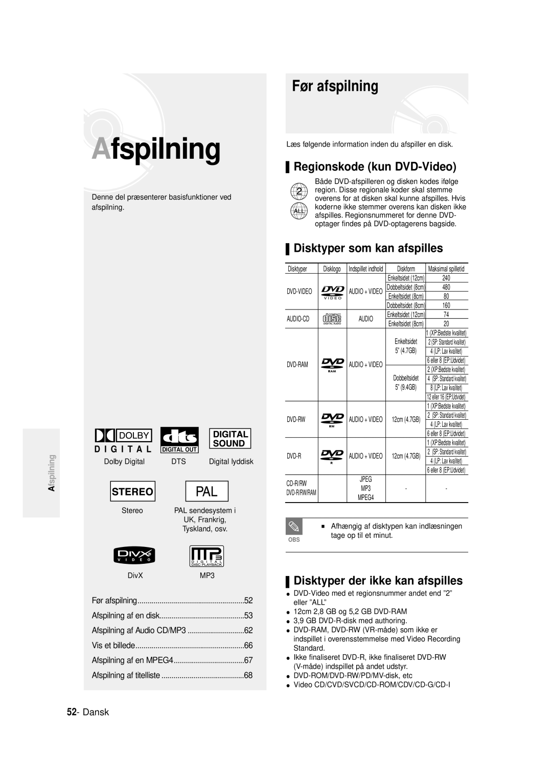 Samsung DVD-R125/XEE manual Før afspilning, Regionskode kun DVD-Video, Disktyper som kan afspilles 