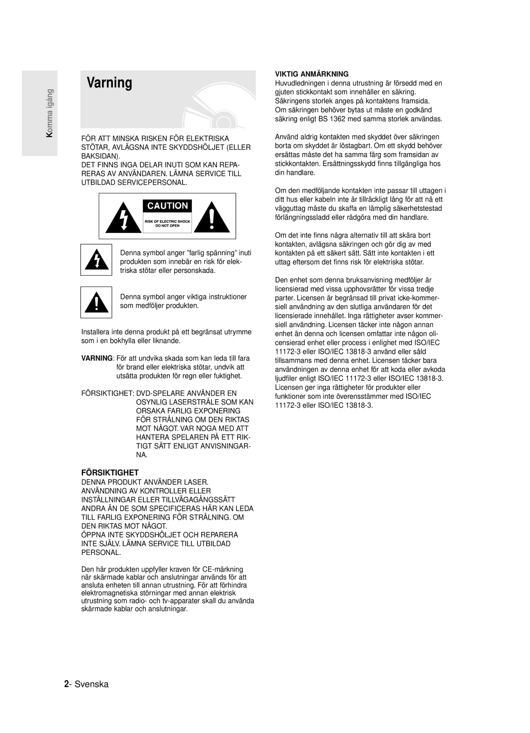 Samsung DVD-R125/XEE manual Varning, Svenska 