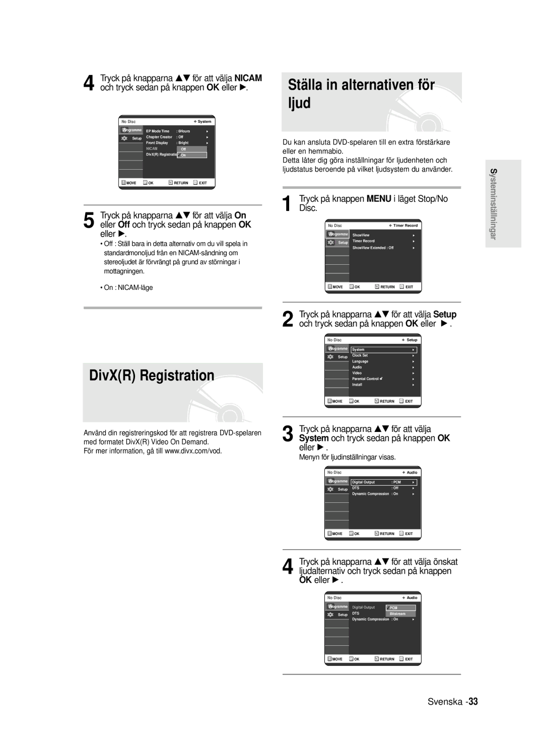 Samsung DVD-R125/XEE manual Ställa in alternativen fö r ljud, DivXR Registration, Menyn för ljudinställningar visas 