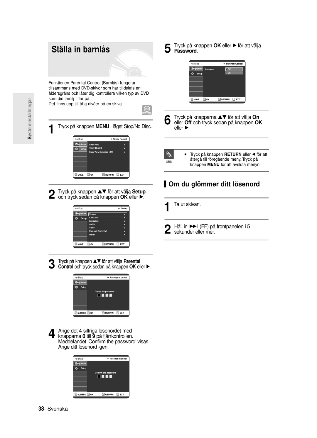 Samsung DVD-R125/XEE Ställa in barnlås, Om du glö mmer ditt lö senord, Tryck på knappen OK eller √ för att välja Password 