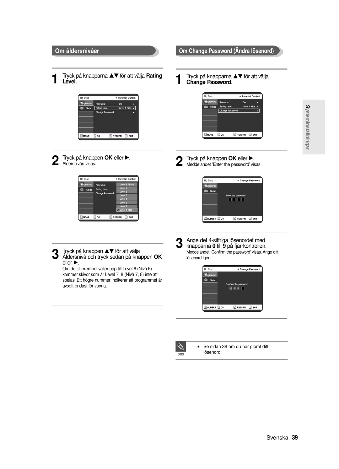 Samsung DVD-R125/XEE manual Om å ldersnivå er, Level, Om Change Password Ä ndra lö senord 