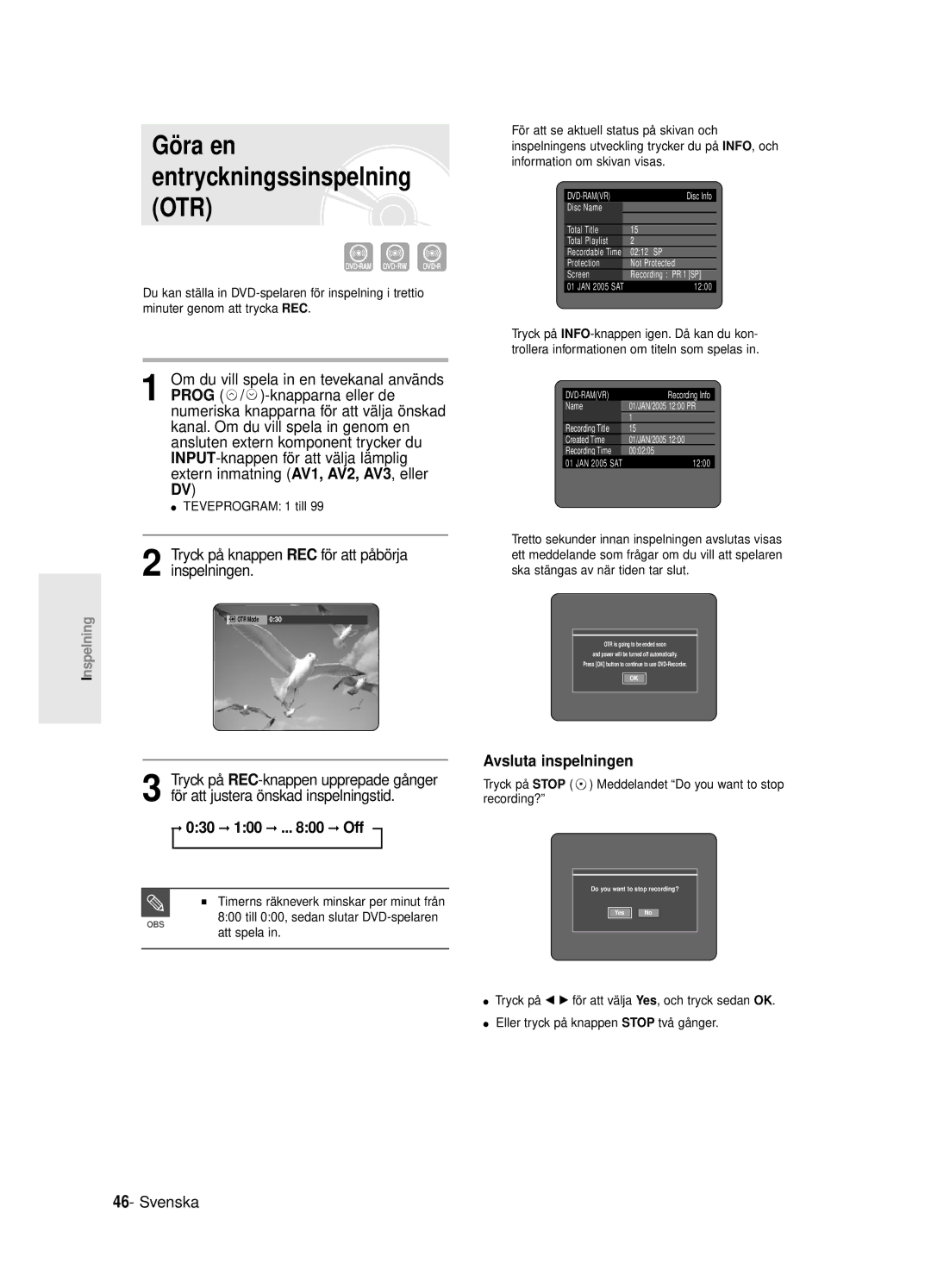 Samsung DVD-R125/XEE manual Tryck på knappen REC för att påbörja inspelningen, 030 100 .. Off 