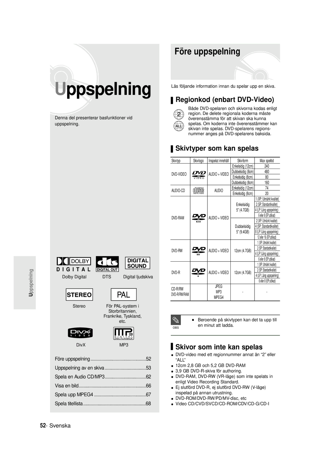 Samsung DVD-R125/XEE Före uppspelning, Regionkod enbart DVD-Video, Skivtyper som kan spelas, Skivor som inte kan spelas 