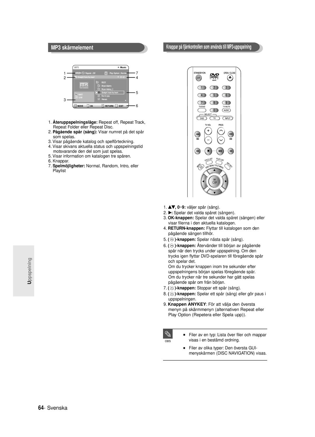 Samsung DVD-R125/XEE manual MP3 skärmelement, Visar pågående katalog och spelförteckning, Visas i en bestämd ordning 