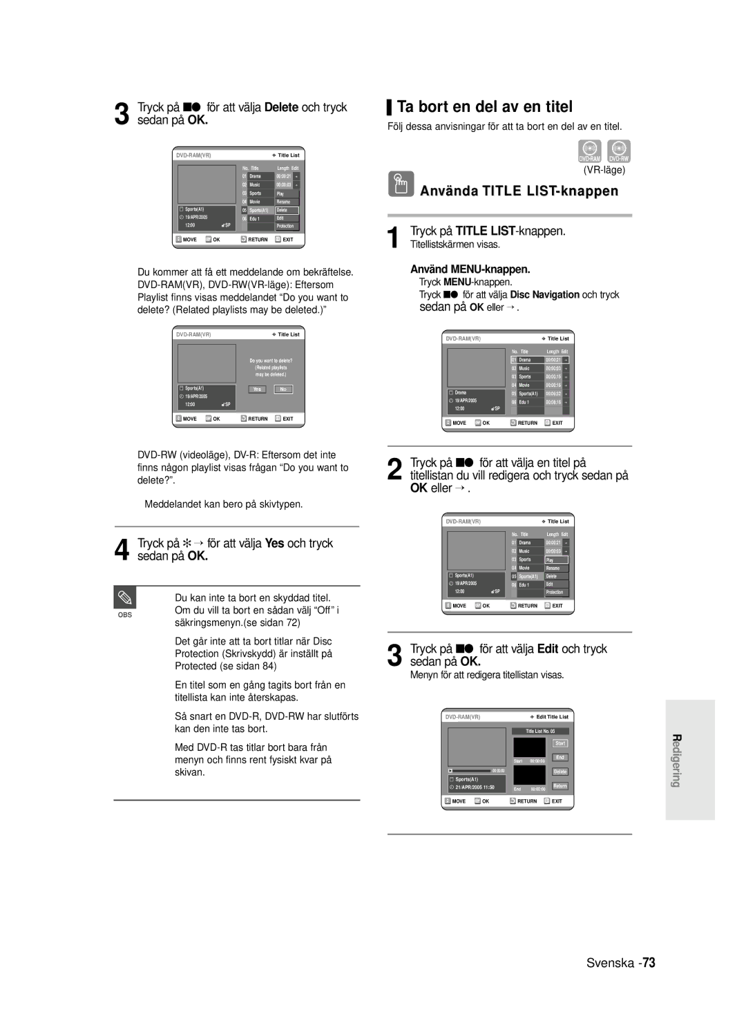 Samsung DVD-R125/XEE manual Ta bort en del av en titel, Tryck på …† för att välja Delete och tryck sedan på OK 