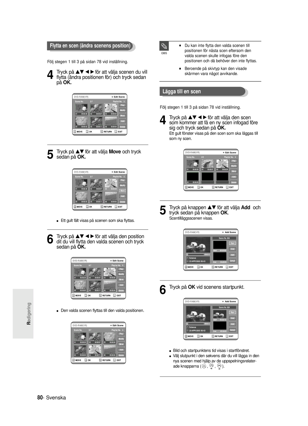 Samsung DVD-R125/XEE manual Flytta en scen ändra scenens position, Lägga till en scen, Sedan på OK 