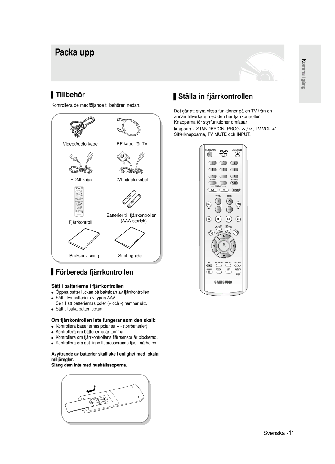 Samsung DVD-R125/XEE manual Packa upp, Tillbehör, Förbereda fjärrkontrollen, Ställa in fjärrkontrollen 