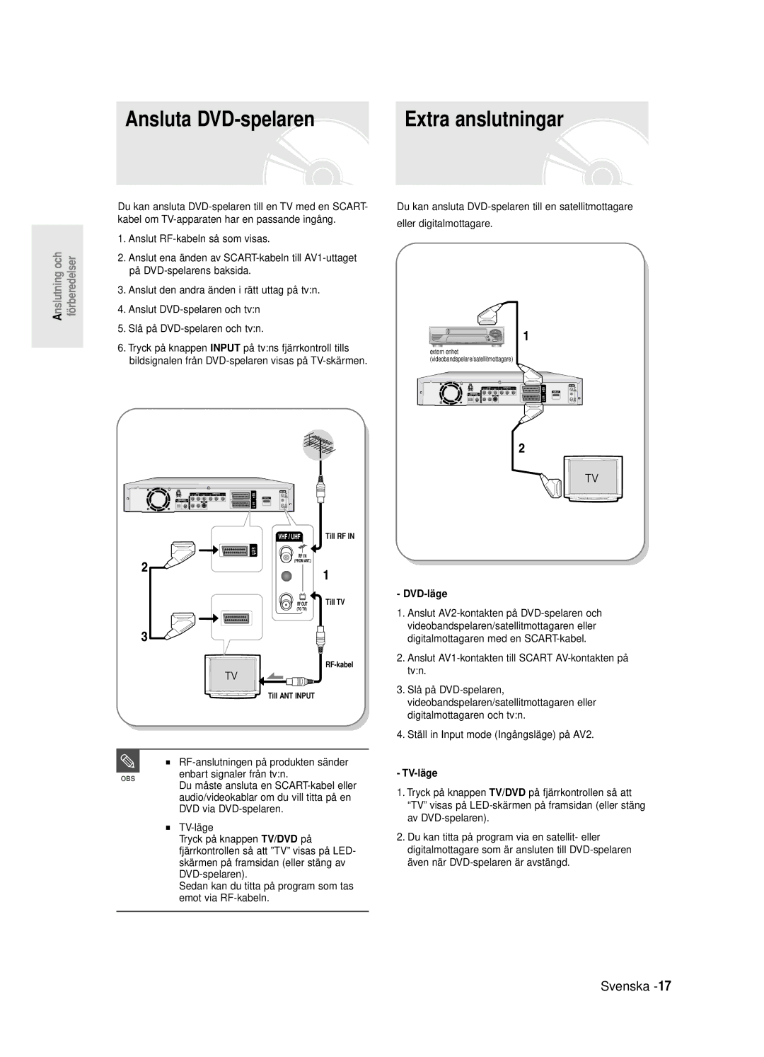 Samsung DVD-R125/XEE manual Ansluta DVD-spelaren, DVD-läge, TV-läge 