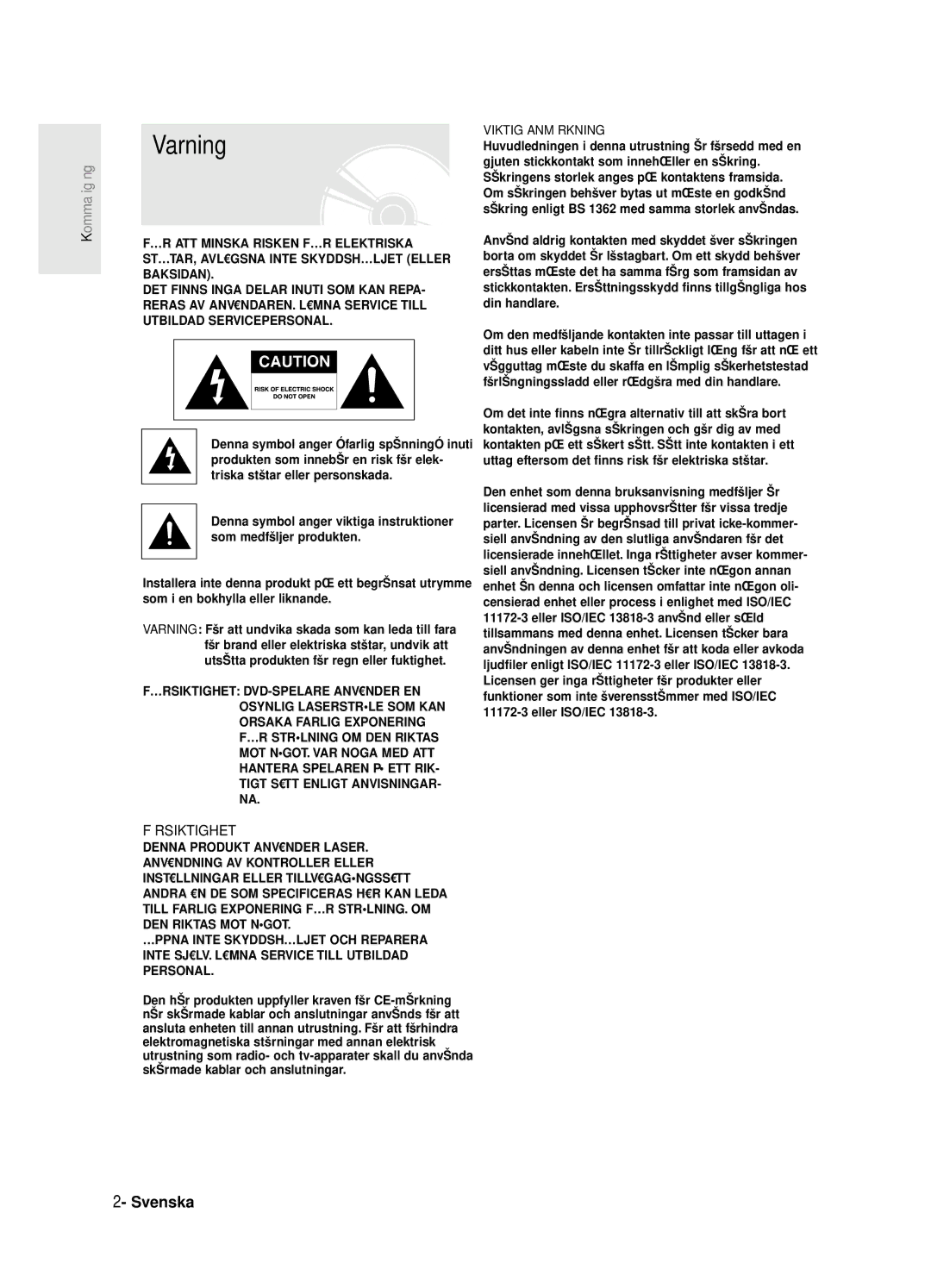 Samsung DVD-R125/XEE manual Varning, Svenska 