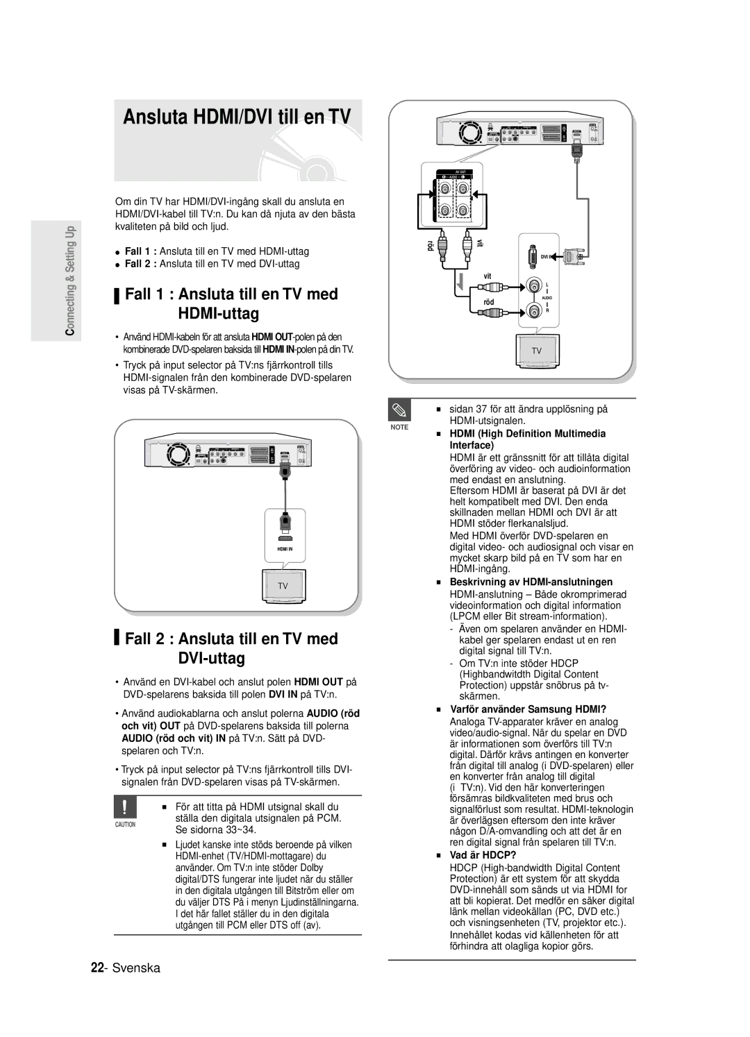 Samsung DVD-R125/XEE manual Ansluta HDMI/DVI till en TV, Fall 1 Ansluta till en TV med HDMI-uttag 