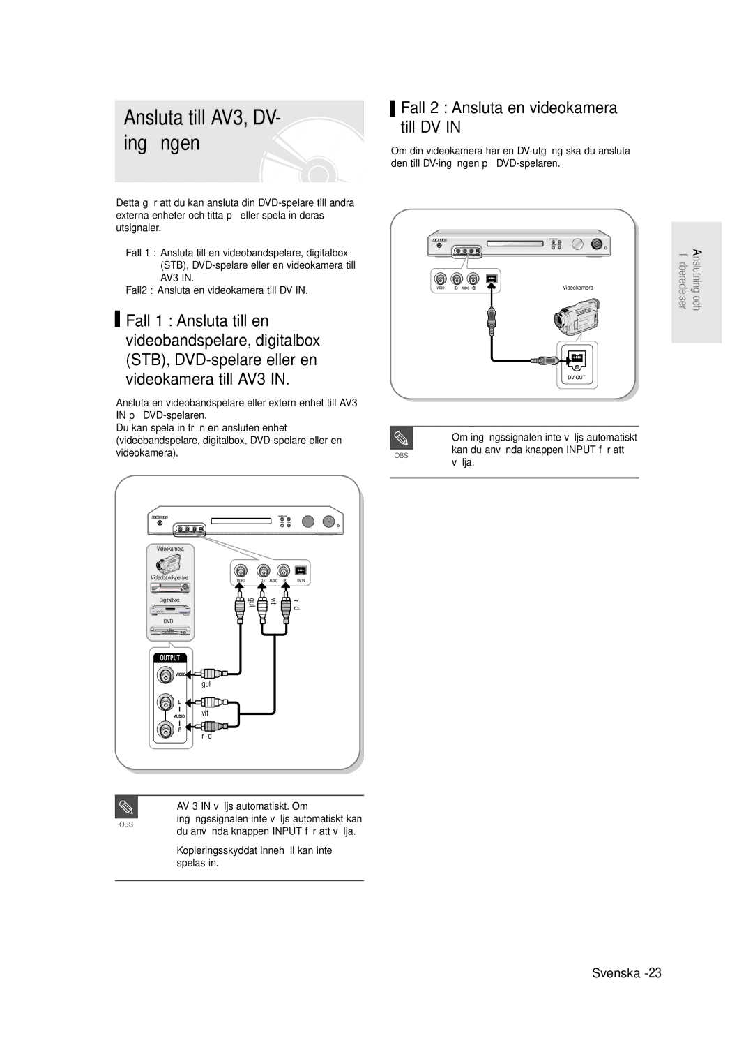 Samsung DVD-R125/XEE manual Ansluta till AV3, DV- ingången, Fall 2 Ansluta en videokamera till DV, Välja 