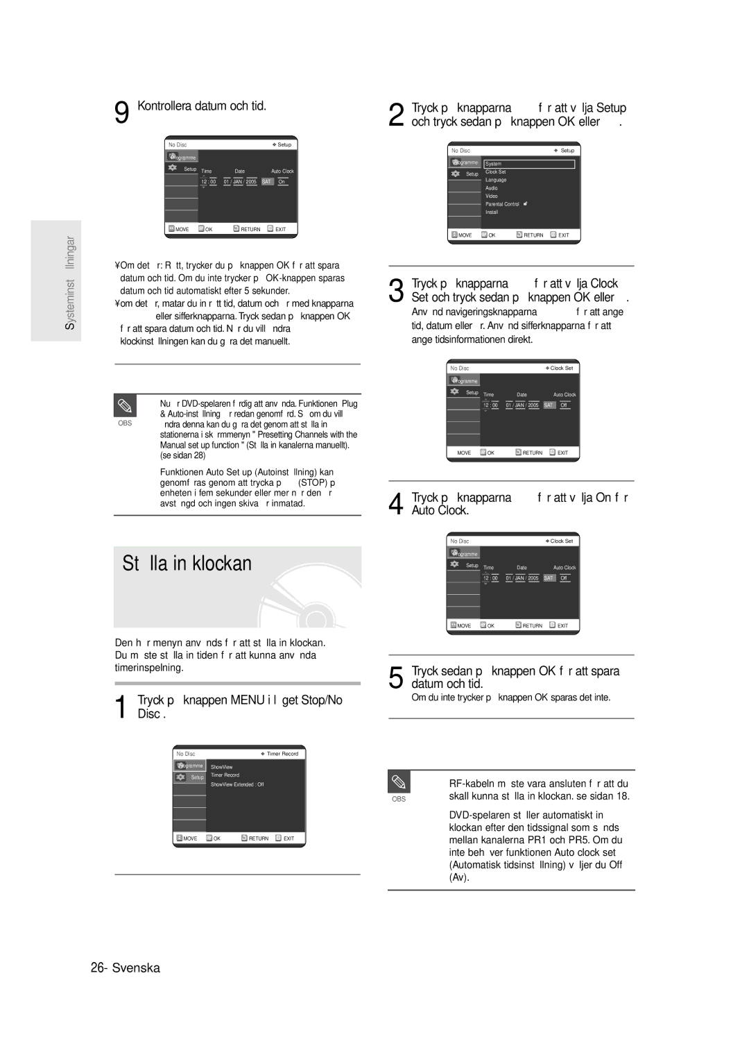 Samsung DVD-R125/XEE manual Ställa in klockan, Kontrollera datum och tid, Tryck på knappen Menu i läget Stop/No Disc 