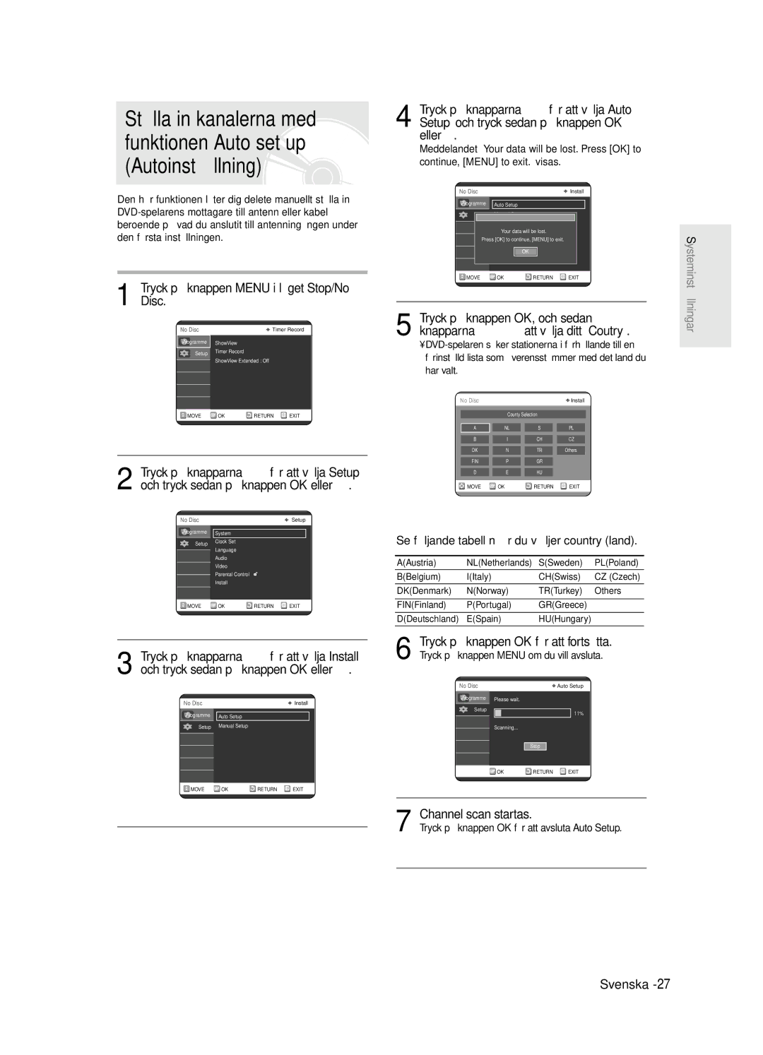 Samsung DVD-R125/XEE manual Channel scan startas, Se fö ljande tabell nä r du vä ljer country land 