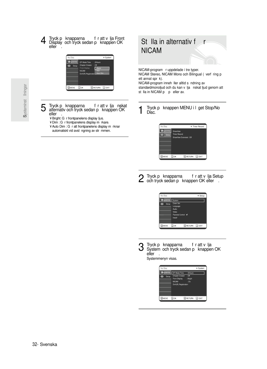 Samsung DVD-R125/XEE manual Ställa in alternativ fö r, Nicam 